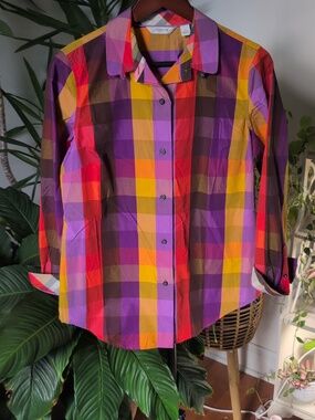 Bright, jewel colored plaid cotton blouse, with contrast fabric